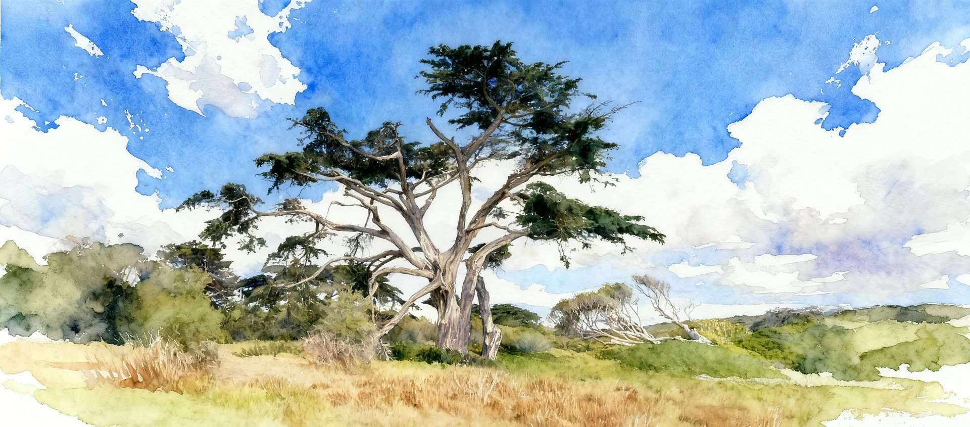 A watercolour of a wind-shaped cypress on a dry hillside under a big sky, from the Aperture/I about page