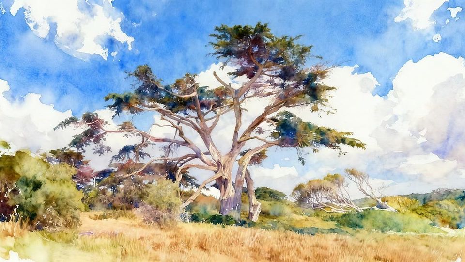 A watercolour of a wind-shaped cypress on a dry hillside under a big sky, from the Aperture/I about page